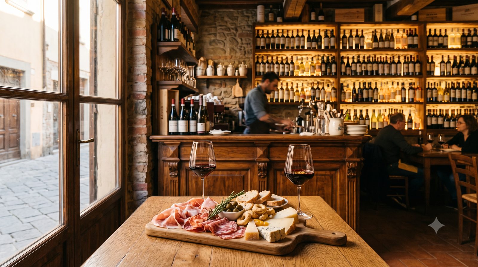 Interno di un’enosteria: bancone in legno, bottiglie di vino e un tagliere di salumi e formaggi con due calici di rosso